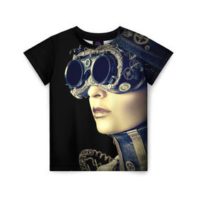 Детская футболка 3D с принтом Девушка steampunk в Екатеринбурге, 100% гипоаллергенный полиэфир | прямой крой, круглый вырез горловины, длина до линии бедер, чуть спущенное плечо, ткань немного тянется | девушка steampunk | киберпанк | кожа | очки | шляпа