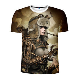 Мужская футболка 3D спортивная с принтом Девушка steampunk в Екатеринбурге, 100% полиэстер с улучшенными характеристиками | приталенный силуэт, круглая горловина, широкие плечи, сужается к линии бедра | девушка steampunk | киберпанк | очки | шапка