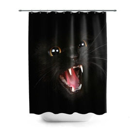 Штора 3D для ванной с принтом Черный кот в Екатеринбурге, 100% полиэстер | плотность материала — 100 г/м2. Стандартный размер — 146 см х 180 см. По верхнему краю — пластиковые люверсы для креплений. В комплекте 10 пластиковых колец | глаза | клыки | хищник | черный кон