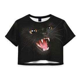 Женская футболка 3D укороченная с принтом Черный кот в Екатеринбурге, 100% полиэстер | круглая горловина, длина футболки до линии талии, рукава с отворотами | глаза | клыки | хищник | черный кон