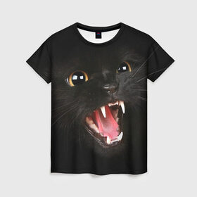 Женская футболка 3D с принтом Черный кот в Екатеринбурге, 100% полиэфир ( синтетическое хлопкоподобное полотно) | прямой крой, круглый вырез горловины, длина до линии бедер | глаза | клыки | хищник | черный кон
