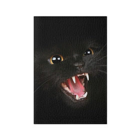 Обложка для паспорта матовая кожа с принтом Черный кот в Екатеринбурге, натуральная матовая кожа | размер 19,3 х 13,7 см; прозрачные пластиковые крепления | Тематика изображения на принте: глаза | клыки | хищник | черный кон