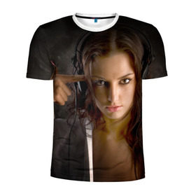Мужская футболка 3D спортивная с принтом Девушка в наушниках в Екатеринбурге, 100% полиэстер с улучшенными характеристиками | приталенный силуэт, круглая горловина, широкие плечи, сужается к линии бедра | брюнетка | девушка в наушниках | красивая | модель