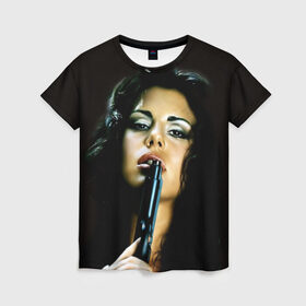 Женская футболка 3D с принтом Девушка с пистолетом в Екатеринбурге, 100% полиэфир ( синтетическое хлопкоподобное полотно) | прямой крой, круглый вырез горловины, длина до линии бедер | брюнетка | девушка с пистолетом | красивая | модель