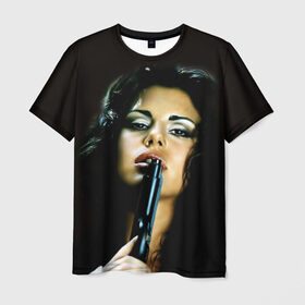 Мужская футболка 3D с принтом Девушка с пистолетом в Екатеринбурге, 100% полиэфир | прямой крой, круглый вырез горловины, длина до линии бедер | Тематика изображения на принте: брюнетка | девушка с пистолетом | красивая | модель