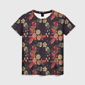 Женская футболка 3D с принтом Хохлома в Екатеринбурге, 100% полиэфир ( синтетическое хлопкоподобное полотно) | прямой крой, круглый вырез горловины, длина до линии бедер | народные | прикольные | русские | украина | хохлома | цветы
