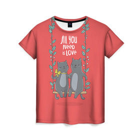 Женская футболка 3D с принтом Кисули Love в Екатеринбурге, 100% полиэфир ( синтетическое хлопкоподобное полотно) | прямой крой, круглый вырез горловины, длина до линии бедер | 14 февраля | love | влюбленный | день святого валентина | котики | любовь | милый | романтика | сердце