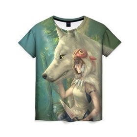 Женская футболка 3D с принтом Принцесса и волк в Екатеринбурге, 100% полиэфир ( синтетическое хлопкоподобное полотно) | прямой крой, круглый вырез горловины, длина до линии бедер | волк | классика | лес | мононоке | фэнтези | хидео | хит