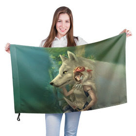 Флаг 3D с принтом Принцесса и волк в Екатеринбурге, 100% полиэстер | плотность ткани — 95 г/м2, размер — 67 х 109 см. Принт наносится с одной стороны | волк | классика | лес | мононоке | фэнтези | хидео | хит