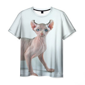 Мужская футболка 3D с принтом Сфинкс в Екатеринбурге, 100% полиэфир | прямой крой, круглый вырез горловины, длина до линии бедер | Тематика изображения на принте: домашняя | животное | кот | котэ | кошка | сфинкс