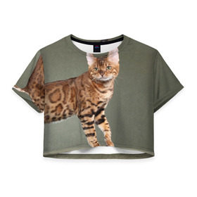 Женская футболка 3D укороченная с принтом Бенгальский кот в Екатеринбурге, 100% полиэстер | круглая горловина, длина футболки до линии талии, рукава с отворотами | бенгальский | домашняя | животное | кот | котэ | кошка