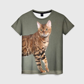 Женская футболка 3D с принтом Бенгальский кот в Екатеринбурге, 100% полиэфир ( синтетическое хлопкоподобное полотно) | прямой крой, круглый вырез горловины, длина до линии бедер | бенгальский | домашняя | животное | кот | котэ | кошка