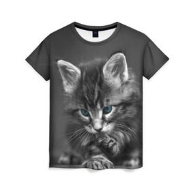 Женская футболка 3D с принтом Котенок в Екатеринбурге, 100% полиэфир ( синтетическое хлопкоподобное полотно) | прямой крой, круглый вырез горловины, длина до линии бедер | домашняя | животное | кот | котэ | кошка