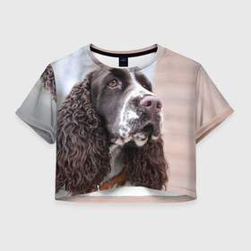 Женская футболка 3D укороченная с принтом Английский спспаниель в Екатеринбурге, 100% полиэстер | круглая горловина, длина футболки до линии талии, рукава с отворотами | английский спрингер спаниель | порода | собака