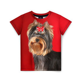 Детская футболка 3D с принтом Йоркширский терьер в Екатеринбурге, 100% гипоаллергенный полиэфир | прямой крой, круглый вырез горловины, длина до линии бедер, чуть спущенное плечо, ткань немного тянется | Тематика изображения на принте: животное | йоркширский терьер | порода | собака
