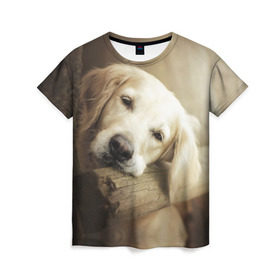 Женская футболка 3D с принтом Золотистый ретривер в Екатеринбурге, 100% полиэфир ( синтетическое хлопкоподобное полотно) | прямой крой, круглый вырез горловины, длина до линии бедер | животное | золотистый ретривер | порода | собака