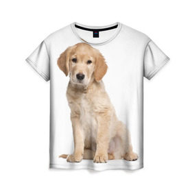 Женская футболка 3D с принтом Золотистый ретривер в Екатеринбурге, 100% полиэфир ( синтетическое хлопкоподобное полотно) | прямой крой, круглый вырез горловины, длина до линии бедер | животное | золотистый ретривер | порода | собака
