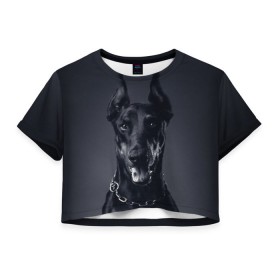 Женская футболка 3D укороченная с принтом Доберман в Екатеринбурге, 100% полиэстер | круглая горловина, длина футболки до линии талии, рукава с отворотами | доберман | животное | порода | собака