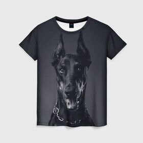 Женская футболка 3D с принтом Доберман в Екатеринбурге, 100% полиэфир ( синтетическое хлопкоподобное полотно) | прямой крой, круглый вырез горловины, длина до линии бедер | доберман | животное | порода | собака