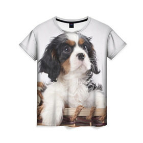 Женская футболка 3D с принтом Кинг чарльз спаниель в Екатеринбурге, 100% полиэфир ( синтетическое хлопкоподобное полотно) | прямой крой, круглый вырез горловины, длина до линии бедер | животное | кинг чарльз спаниель | порода | собака
