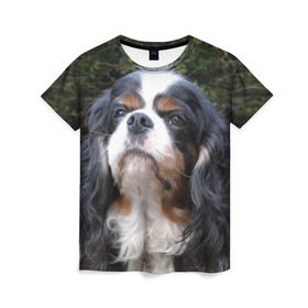 Женская футболка 3D с принтом Кинг чарльз спаниель в Екатеринбурге, 100% полиэфир ( синтетическое хлопкоподобное полотно) | прямой крой, круглый вырез горловины, длина до линии бедер | Тематика изображения на принте: животное | кинг чарльз спаниель | порода | собака