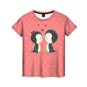 Женская футболка 3D с принтом Влюбленные пингвины в Екатеринбурге, 100% полиэфир ( синтетическое хлопкоподобное полотно) | прямой крой, круглый вырез горловины, длина до линии бедер | 14 февраля | love | love you | валентин | влюбленные | день святого валентина | лав | любовь | пингвины | подарок девушке | подарок парню