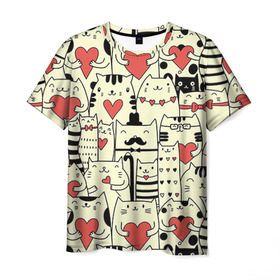 Мужская футболка 3D с принтом Любящие котики в Екатеринбурге, 100% полиэфир | прямой крой, круглый вырез горловины, длина до линии бедер | 14 февраля | cat | love | love you | валентин | влюбленные | день святого валентина | кот | котики | лав | любовь | подарок девушке | подарок парню