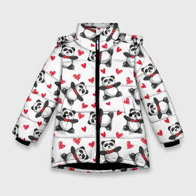 Зимняя куртка для девочек 3D с принтом Панда и любовь в Екатеринбурге, ткань верха — 100% полиэстер; подклад — 100% полиэстер, утеплитель — 100% полиэстер. | длина ниже бедра, удлиненная спинка, воротник стойка и отстегивающийся капюшон. Есть боковые карманы с листочкой на кнопках, утяжки по низу изделия и внутренний карман на молнии. 

Предусмотрены светоотражающий принт на спинке, радужный светоотражающий элемент на пуллере молнии и на резинке для утяжки. | 14 февраля | bears | love | love you | валентин | влюбленные | день святого валентина | лав | любовь | медведб | медведи | мишки | подарок девушке | подарок парню