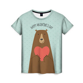 Женская футболка 3D с принтом Медведь с сердцем в Екатеринбурге, 100% полиэфир ( синтетическое хлопкоподобное полотно) | прямой крой, круглый вырез горловины, длина до линии бедер | 14 февраля | bears | love | love you | валентин | влюбленные | день святого валентина | лав | любовь | медведб | медведи | мишки | подарок девушке | подарок парню
