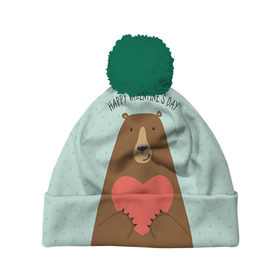 Шапка 3D c помпоном с принтом Медведь с сердцем в Екатеринбурге, 100% полиэстер | универсальный размер, печать по всей поверхности изделия | 14 февраля | bears | love | love you | валентин | влюбленные | день святого валентина | лав | любовь | медведб | медведи | мишки | подарок девушке | подарок парню
