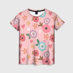 Женская футболка 3D с принтом Цветник в Екатеринбурге, 100% полиэфир ( синтетическое хлопкоподобное полотно) | прямой крой, круглый вырез горловины, длина до линии бедер | природа | ромашки | тульпаны | цветы