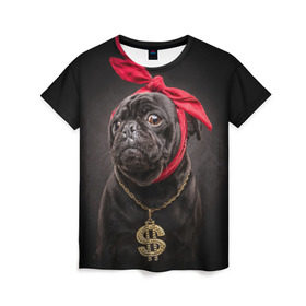 Женская футболка 3D с принтом Мопс в Екатеринбурге, 100% полиэфир ( синтетическое хлопкоподобное полотно) | прямой крой, круглый вырез горловины, длина до линии бедер | доллар | животное | золото | мопс | порода | собака