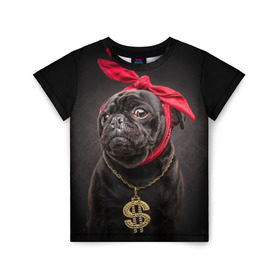 Детская футболка 3D с принтом Мопс в Екатеринбурге, 100% гипоаллергенный полиэфир | прямой крой, круглый вырез горловины, длина до линии бедер, чуть спущенное плечо, ткань немного тянется | доллар | животное | золото | мопс | порода | собака