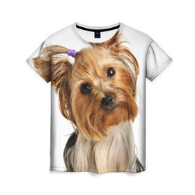 Женская футболка 3D с принтом Йоркширский терьер в Екатеринбурге, 100% полиэфир ( синтетическое хлопкоподобное полотно) | прямой крой, круглый вырез горловины, длина до линии бедер | животное | йоркширский терьер | порода | собака