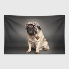 Флаг-баннер с принтом Мопс в кепке в Екатеринбурге, 100% полиэстер | размер 67 х 109 см, плотность ткани — 95 г/м2; по краям флага есть четыре люверса для крепления | Тематика изображения на принте: животное | мопс | порода | собака