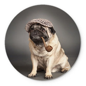 Коврик круглый с принтом Мопс в кепке в Екатеринбурге, резина и полиэстер | круглая форма, изображение наносится на всю лицевую часть | животное | мопс | порода | собака