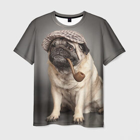 Мужская футболка 3D с принтом Мопс в кепке в Екатеринбурге, 100% полиэфир | прямой крой, круглый вырез горловины, длина до линии бедер | Тематика изображения на принте: животное | мопс | порода | собака
