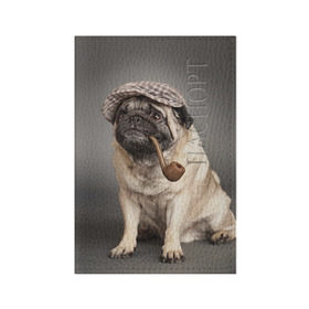 Обложка для паспорта матовая кожа с принтом Мопс в кепке в Екатеринбурге, натуральная матовая кожа | размер 19,3 х 13,7 см; прозрачные пластиковые крепления | Тематика изображения на принте: животное | мопс | порода | собака