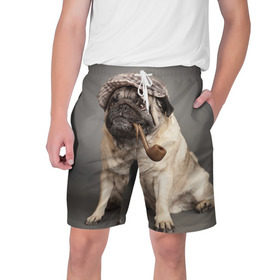 Мужские шорты 3D с принтом Мопс в кепке в Екатеринбурге,  полиэстер 100% | прямой крой, два кармана без застежек по бокам. Мягкая трикотажная резинка на поясе, внутри которой широкие завязки. Длина чуть выше колен | Тематика изображения на принте: животное | мопс | порода | собака