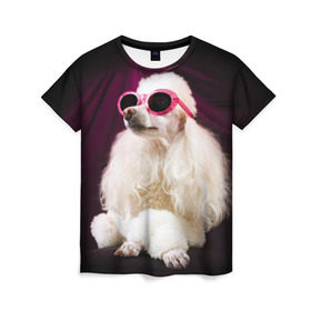 Женская футболка 3D с принтом Пудель в очках в Екатеринбурге, 100% полиэфир ( синтетическое хлопкоподобное полотно) | прямой крой, круглый вырез горловины, длина до линии бедер | животное | порода | пудель в очках | собака