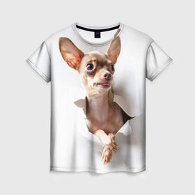 Женская футболка 3D с принтом Той-терьер в Екатеринбурге, 100% полиэфир ( синтетическое хлопкоподобное полотно) | прямой крой, круглый вырез горловины, длина до линии бедер | животное | порода | собака | той терьер