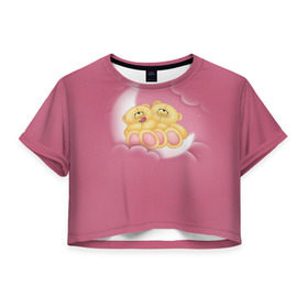 Женская футболка 3D укороченная с принтом Мишки в облаках в Екатеринбурге, 100% полиэстер | круглая горловина, длина футболки до линии талии, рукава с отворотами | 14 февраля | bears | teddy | валентин | день святого валентина | игрушки | медведи | милый | мимими | мишка | мишки | подарки | подарок | подарок девушке | подарок парню | тедди
