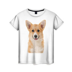 Женская футболка 3D с принтом Пемброк-вельш-корги в Екатеринбурге, 100% полиэфир ( синтетическое хлопкоподобное полотно) | прямой крой, круглый вырез горловины, длина до линии бедер | Тематика изображения на принте: животное | пемброк вельш корги | порода | собака
