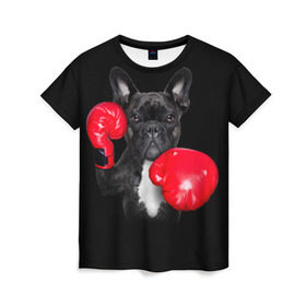 Женская футболка 3D с принтом Французский бульдог в Екатеринбурге, 100% полиэфир ( синтетическое хлопкоподобное полотно) | прямой крой, круглый вырез горловины, длина до линии бедер | бокс | перчатки | собака | французский бульдог