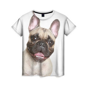 Женская футболка 3D с принтом Французский бульдог в Екатеринбурге, 100% полиэфир ( синтетическое хлопкоподобное полотно) | прямой крой, круглый вырез горловины, длина до линии бедер | животное | порода | собака | французский бульдог