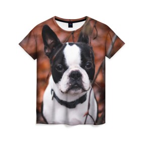 Женская футболка 3D с принтом Бостон Терьер в Екатеринбурге, 100% полиэфир ( синтетическое хлопкоподобное полотно) | прямой крой, круглый вырез горловины, длина до линии бедер | животное | порода | собака | французский бульдог