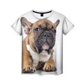 Женская футболка 3D с принтом Французский бульдог в Екатеринбурге, 100% полиэфир ( синтетическое хлопкоподобное полотно) | прямой крой, круглый вырез горловины, длина до линии бедер | животное | порода | собака | французский бульдог