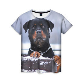 Женская футболка 3D с принтом Ротвейлер в Екатеринбурге, 100% полиэфир ( синтетическое хлопкоподобное полотно) | прямой крой, круглый вырез горловины, длина до линии бедер | животное | порода | ротвейлер | собака