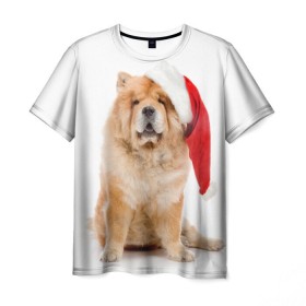 Мужская футболка 3D с принтом Чау-чау в Екатеринбурге, 100% полиэфир | прямой крой, круглый вырез горловины, длина до линии бедер | новый год | санта клаус | собака | чау чау
