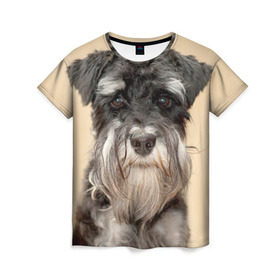 Женская футболка 3D с принтом Цвергшнауцер в Екатеринбурге, 100% полиэфир ( синтетическое хлопкоподобное полотно) | прямой крой, круглый вырез горловины, длина до линии бедер | животное | порода | собака | цвергшнауцер
